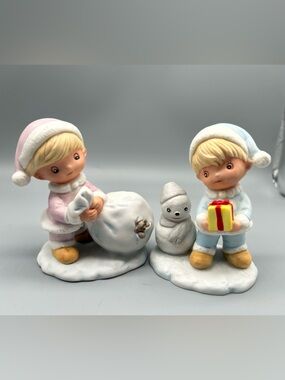 Vintage Homco Snow Kids Figurines - Pink & Blue Holiday Set